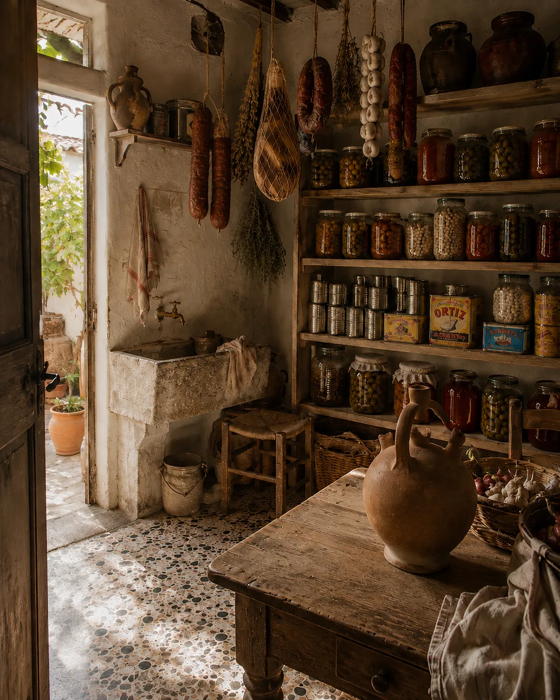 Despensa antigua con estantes de tarros de conservas, ristra de ajos, embutidos colgando y un botijo sobre la mesa
