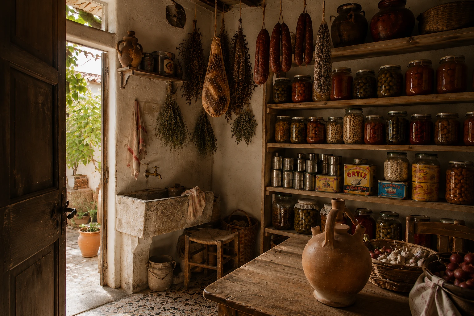 Despensa antigua con tarros de conservas, ristra de ajos y embutidos colgando