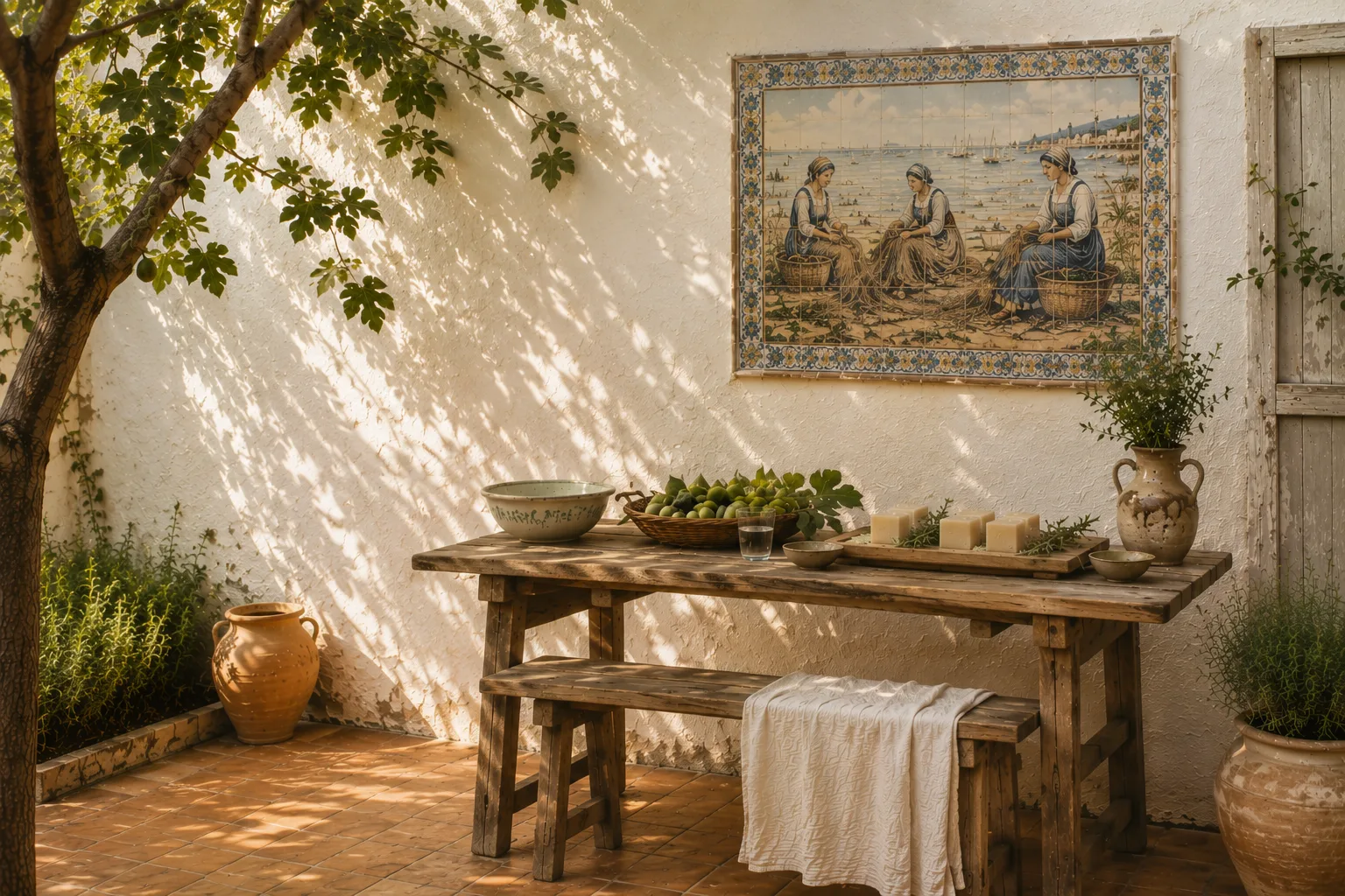 Patio mediterráneo con plantas aromáticas y luz de tarde